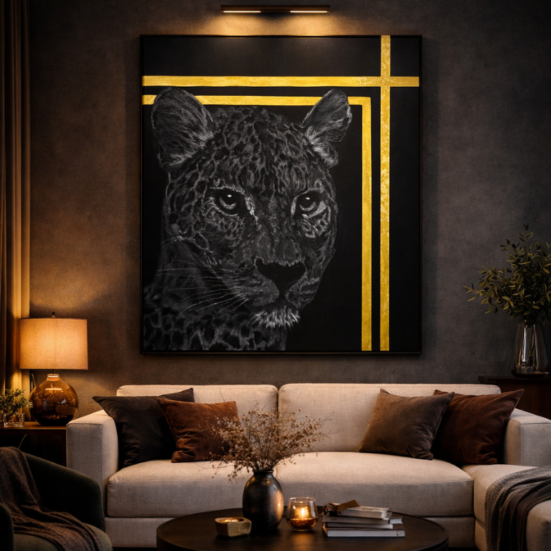 Living room with a large framed artwork of a leopard on the wall.